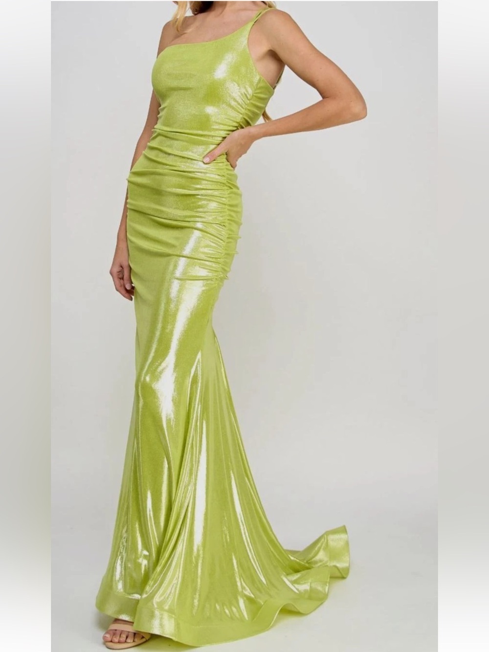 B Darlin Shimmery Lime Green One-Shoulder Mermaid Gown